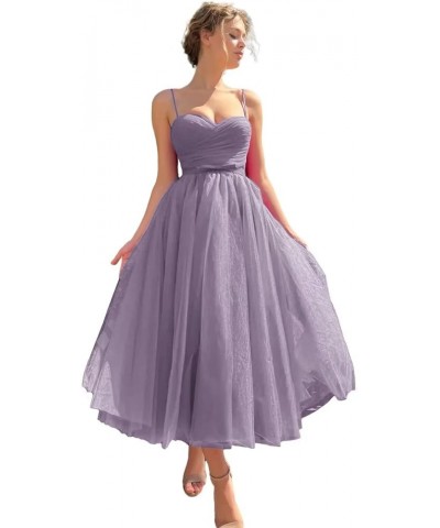 Spaghetti Straps Tulle Prom Dress Tea Length Formal Party Evening Dress with Pockets Wisteria $34.80 Dresses