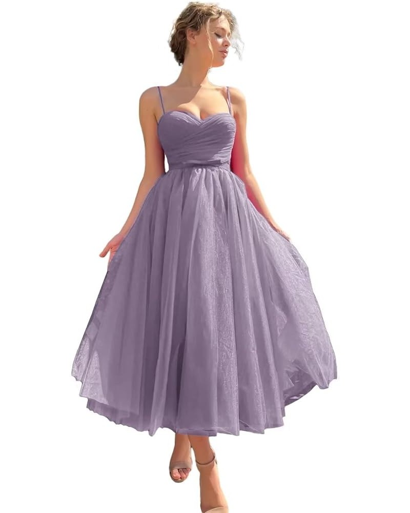 Spaghetti Straps Tulle Prom Dress Tea Length Formal Party Evening Dress with Pockets Wisteria $34.80 Dresses