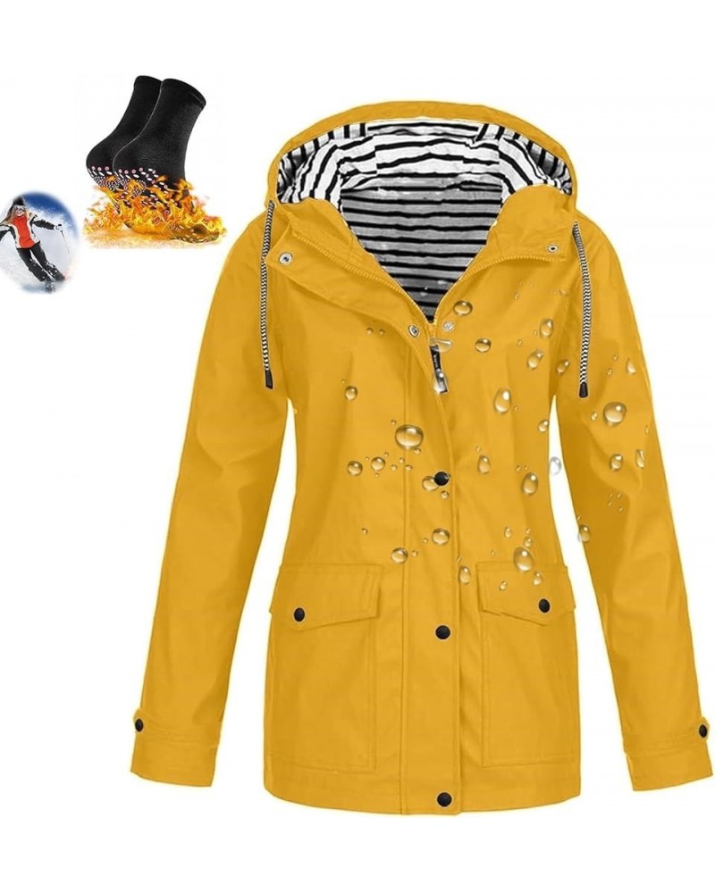 Women Jacket Windproof Waterproof Warm Rash Jacket Raincoat Light Hooded Coat Hiking Cycling Windbreaker Yellow $18.76 Coats