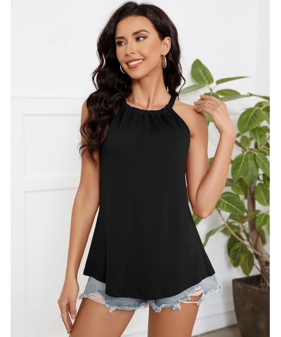 Women's Casual Sleeveless Self Tie Neck Pleated Front Tank Halter Top Black $11.82 Tanks