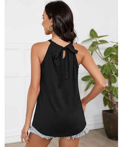 Women's Casual Sleeveless Self Tie Neck Pleated Front Tank Halter Top Black $11.82 Tanks