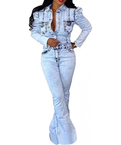 Women's Sexy Button Down Slim Fit Denim Long Jumpsuit Playsuit Lapel Full length Jeans Rompers Overalls Light Blue-30051 $29....