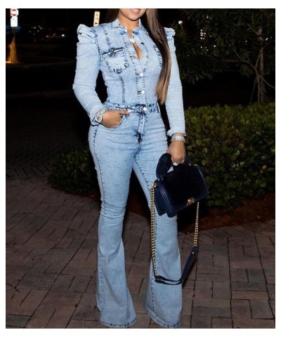 Women's Sexy Button Down Slim Fit Denim Long Jumpsuit Playsuit Lapel Full length Jeans Rompers Overalls Light Blue-30051 $29....