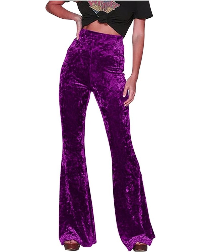 Velvet Flare Pants Women Vintage Bell Bottoms High Waisted Disco Pants Stretch Palazzo Pants Fashion Wide Leg Pants A1-purple...