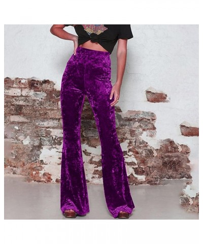 Velvet Flare Pants Women Vintage Bell Bottoms High Waisted Disco Pants Stretch Palazzo Pants Fashion Wide Leg Pants A1-purple...