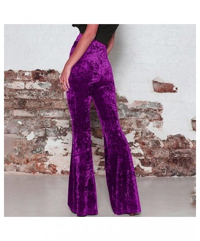 Velvet Flare Pants Women Vintage Bell Bottoms High Waisted Disco Pants Stretch Palazzo Pants Fashion Wide Leg Pants A1-purple...