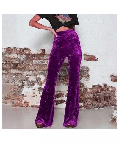 Velvet Flare Pants Women Vintage Bell Bottoms High Waisted Disco Pants Stretch Palazzo Pants Fashion Wide Leg Pants A1-purple...