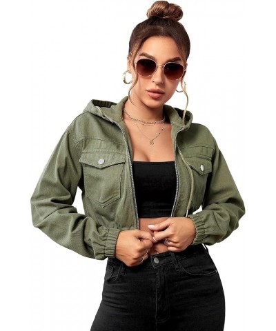 Women's Zip Up Long Sleeve Hooded Denim Crop Jacket Outerwear Army Green $20.89 Jackets