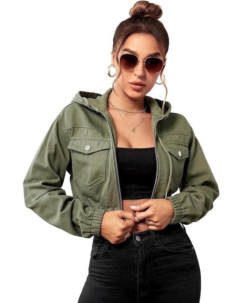 Women's Zip Up Long Sleeve Hooded Denim Crop Jacket Outerwear Army Green $20.89 Jackets