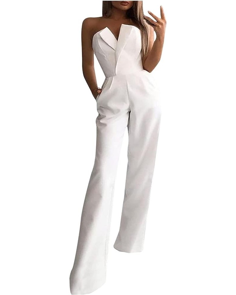 Women's Elegant Rompers Sexy V Neck Strapless High Waist Wide Leg Long Pants Jumpsuits Summer Party Club Outfits 01 White $18...