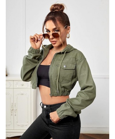 Women's Zip Up Long Sleeve Hooded Denim Crop Jacket Outerwear Army Green $20.89 Jackets