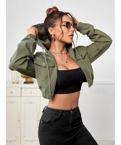 Women's Zip Up Long Sleeve Hooded Denim Crop Jacket Outerwear Army Green $20.89 Jackets