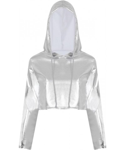 Women Wet Look Metallic Hooded Crop Top Shiny Long Sleeve Pullover Sweatshirt Rave Clubwear Silver a $9.00 Hoodies & Sweatshirts