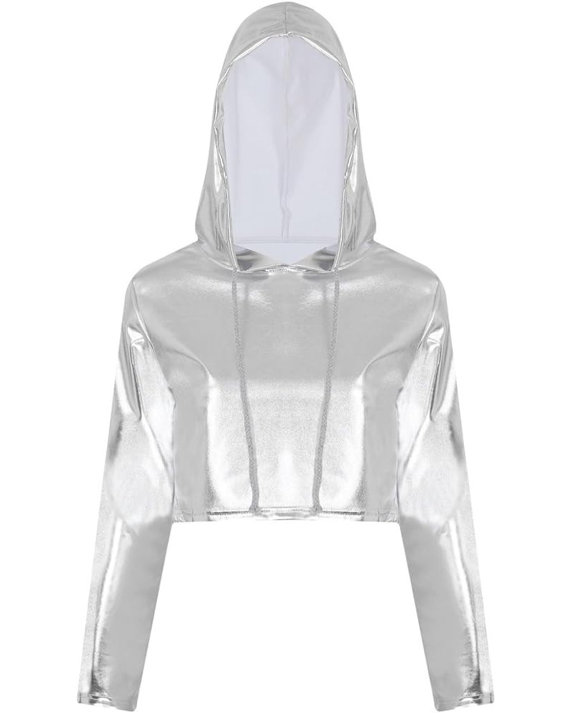 Women Wet Look Metallic Hooded Crop Top Shiny Long Sleeve Pullover Sweatshirt Rave Clubwear Silver a $9.00 Hoodies & Sweatshirts