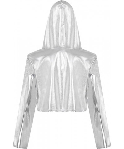 Women Wet Look Metallic Hooded Crop Top Shiny Long Sleeve Pullover Sweatshirt Rave Clubwear Silver a $9.00 Hoodies & Sweatshirts