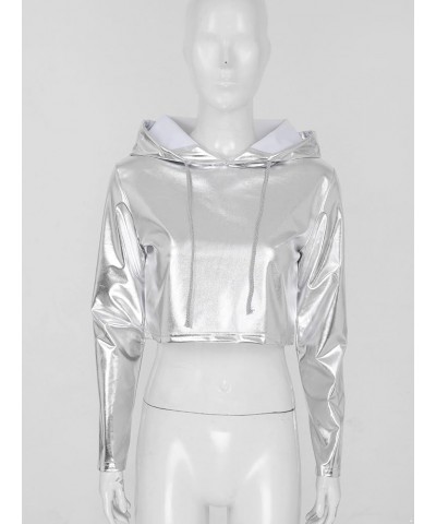 Women Wet Look Metallic Hooded Crop Top Shiny Long Sleeve Pullover Sweatshirt Rave Clubwear Silver a $9.00 Hoodies & Sweatshirts