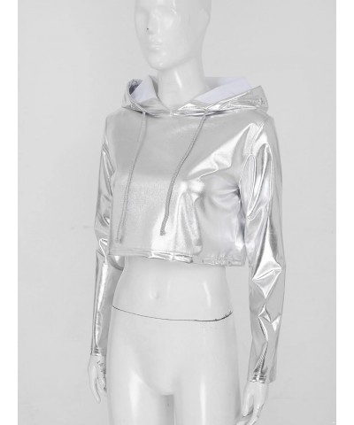 Women Wet Look Metallic Hooded Crop Top Shiny Long Sleeve Pullover Sweatshirt Rave Clubwear Silver a $9.00 Hoodies & Sweatshirts