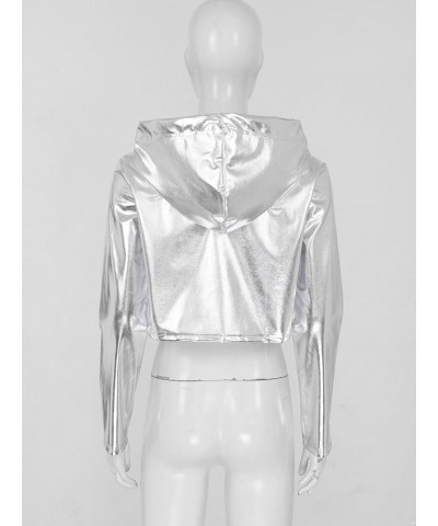 Women Wet Look Metallic Hooded Crop Top Shiny Long Sleeve Pullover Sweatshirt Rave Clubwear Silver a $9.00 Hoodies & Sweatshirts