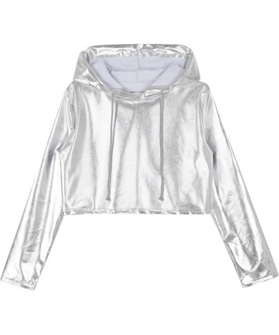 Women Wet Look Metallic Hooded Crop Top Shiny Long Sleeve Pullover Sweatshirt Rave Clubwear Silver a $9.00 Hoodies & Sweatshirts