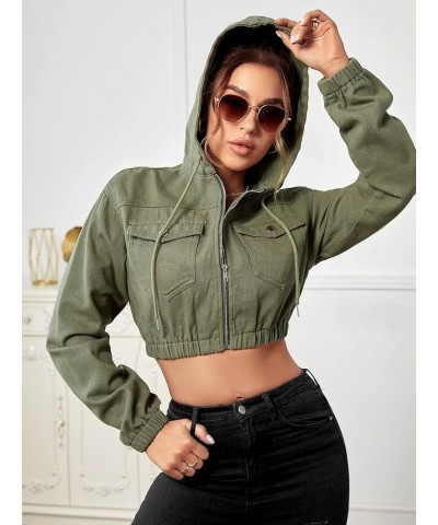 Women's Zip Up Long Sleeve Hooded Denim Crop Jacket Outerwear Army Green $20.89 Jackets