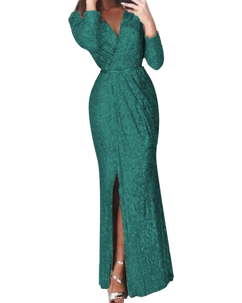 Women Formal Dress Wedding Bridesmaid Dress Sequin Slit Long Sleeve V Neck Beaded Evening Gown Dresses Z-04 Green $19.71 Dresses