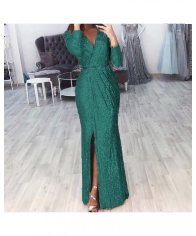 Women Formal Dress Wedding Bridesmaid Dress Sequin Slit Long Sleeve V Neck Beaded Evening Gown Dresses Z-04 Green $19.71 Dresses