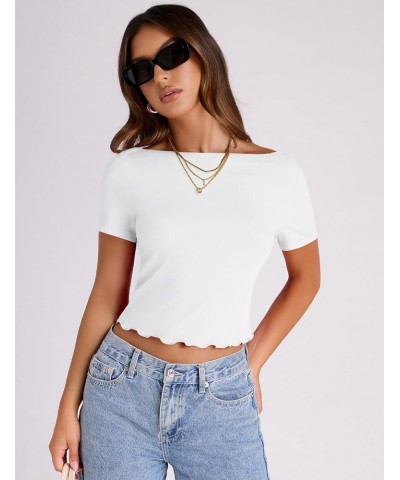 Women Short Sleeve Basic Tops Ribbed Knit Tees Summer Boat Neck Crop Top Lettuce Trim Fitted Tshirts White $11.59 Tops