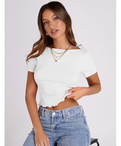 Women Short Sleeve Basic Tops Ribbed Knit Tees Summer Boat Neck Crop Top Lettuce Trim Fitted Tshirts White $11.59 Tops