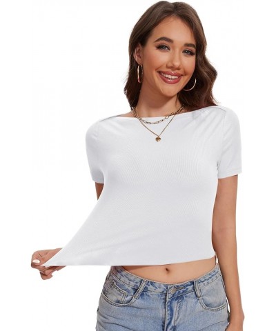 Women Short Sleeve Basic Tops Ribbed Knit Tees Summer Boat Neck Crop Top Lettuce Trim Fitted Tshirts White $11.59 Tops