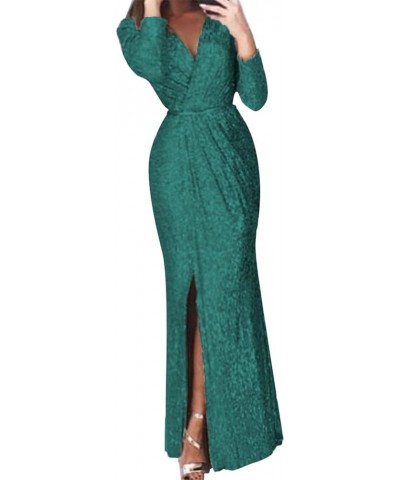 Women Formal Dress Wedding Bridesmaid Dress Sequin Slit Long Sleeve V Neck Beaded Evening Gown Dresses Z-04 Green $19.71 Dresses